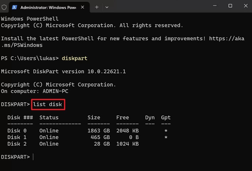 run command to view connected drives