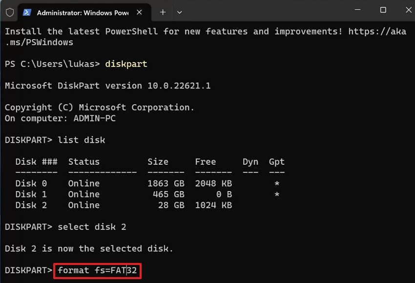 command to format the selected sd card