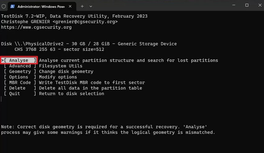 select analyse to scan