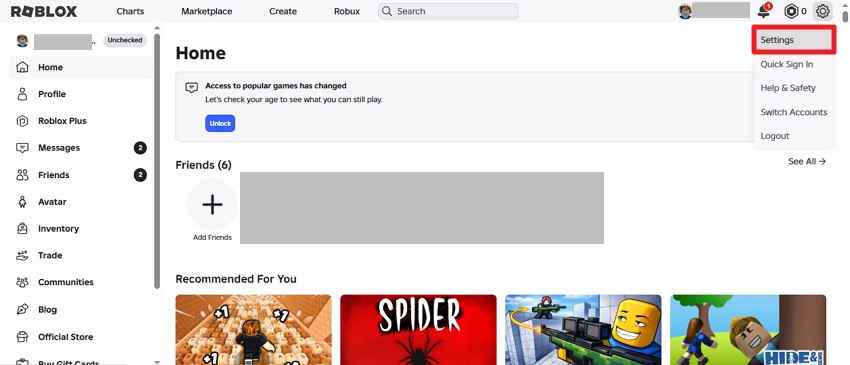 로그인된 기기에서 Roblox 설정을 여는 화면