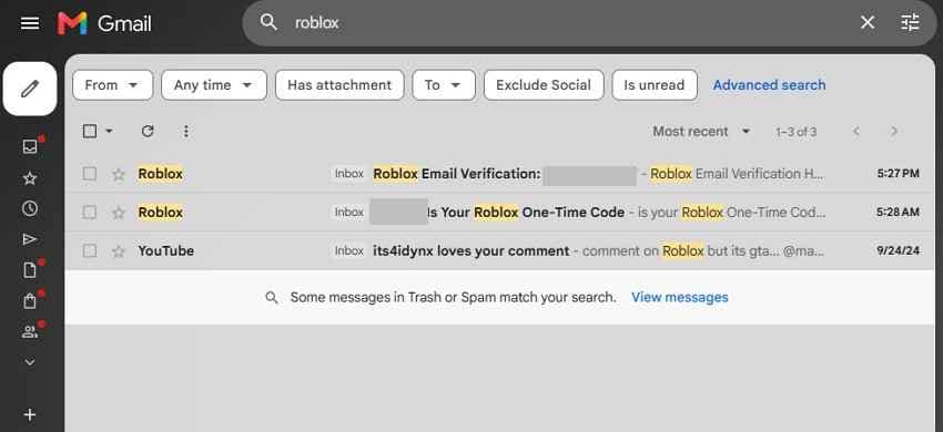 오래된 이메일함에서 Roblox 인증 또는 결제 메일을 검색하는 예시