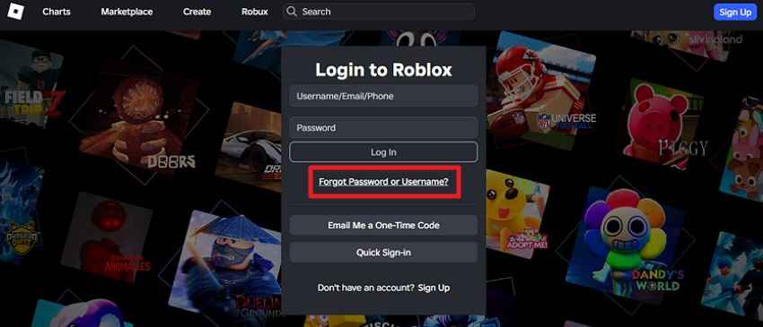 Roblox 로그인 페이지에서 비밀번호 또는 사용자 이름 찾기 선택 화면