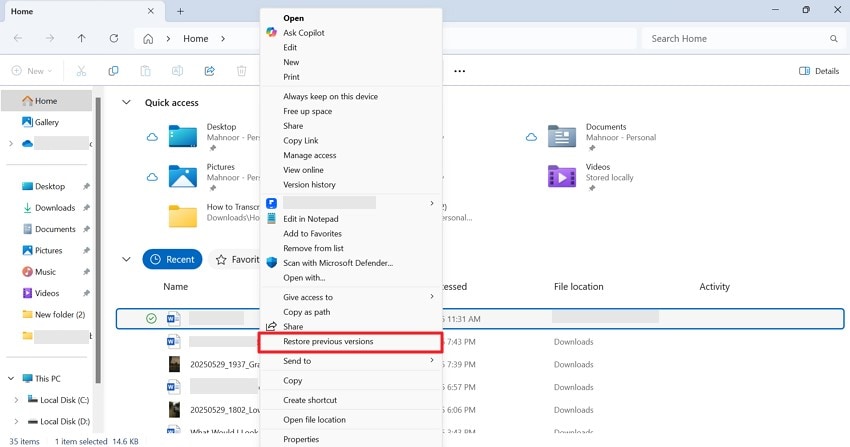 right-click file restore as previous version