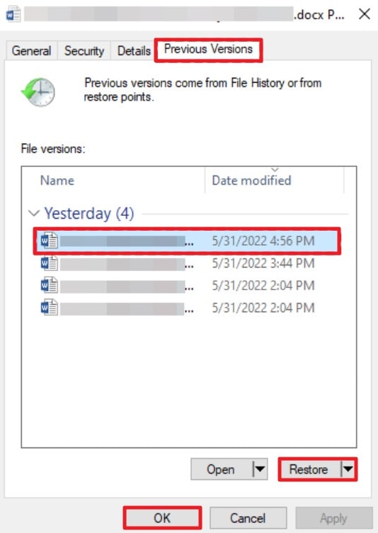 choose previous version hit ok