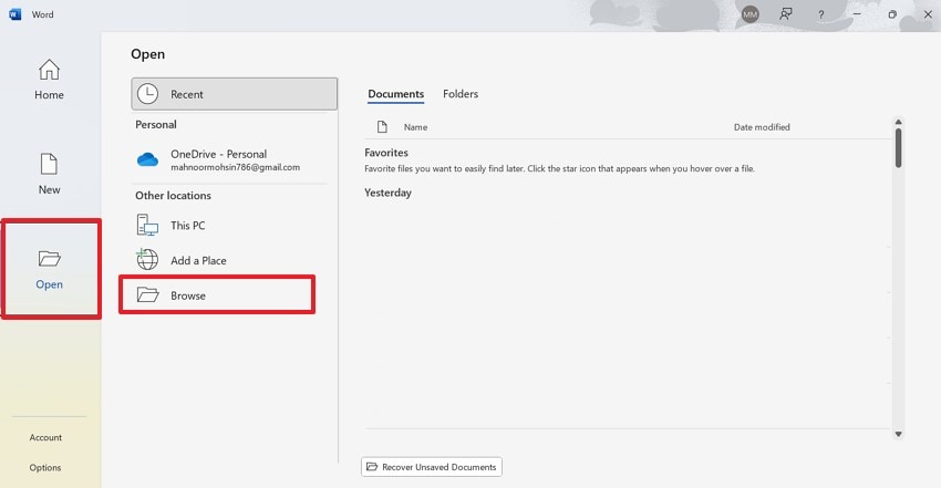 browse and open word file