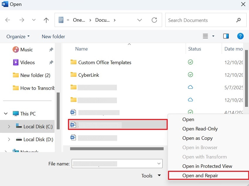 choose open and repair option