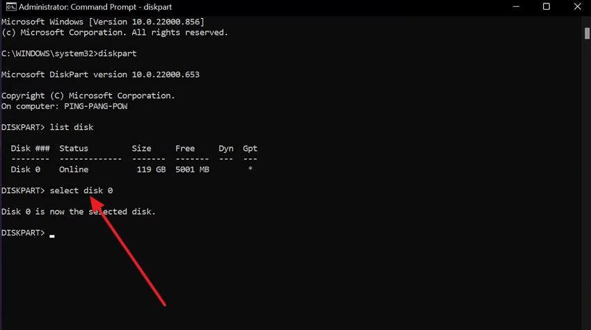 choose disk in diskpart