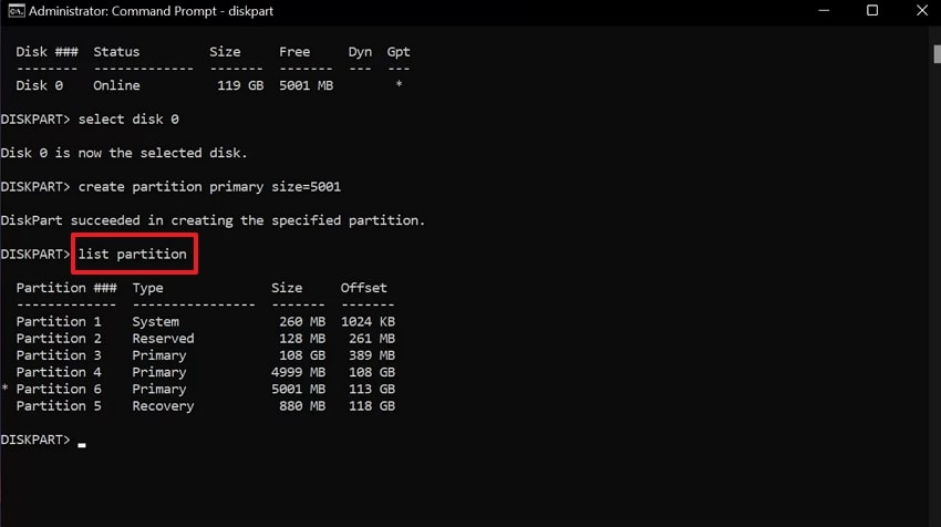 list partition diskpart