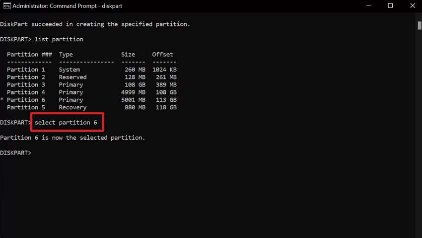 select partition in diskpart