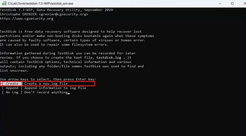create log file testdisk