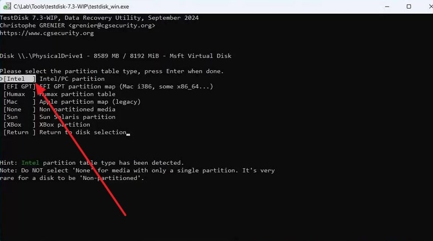 choose partition type testdisk
