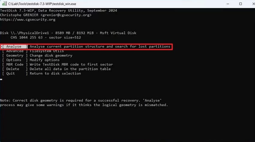 analyse partition testdisk