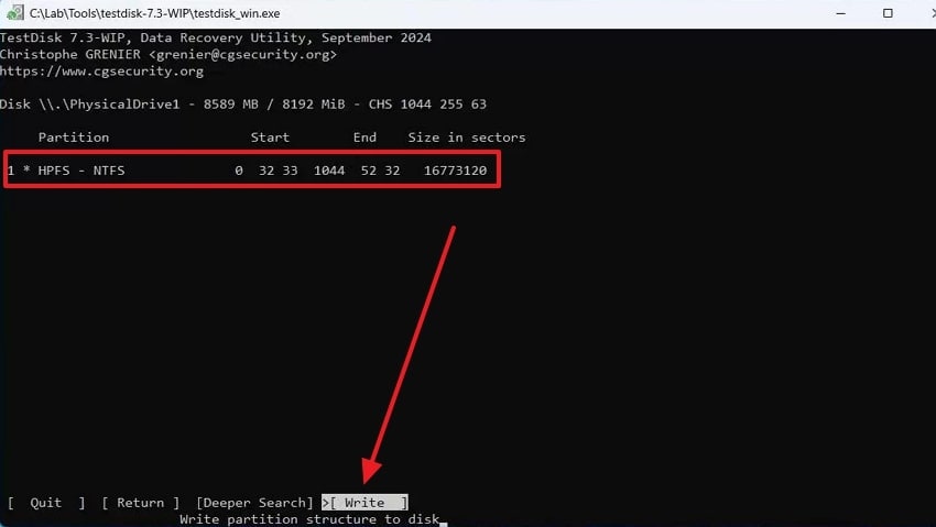 write partition back to table testdisk