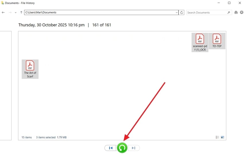 select files for restoration file history