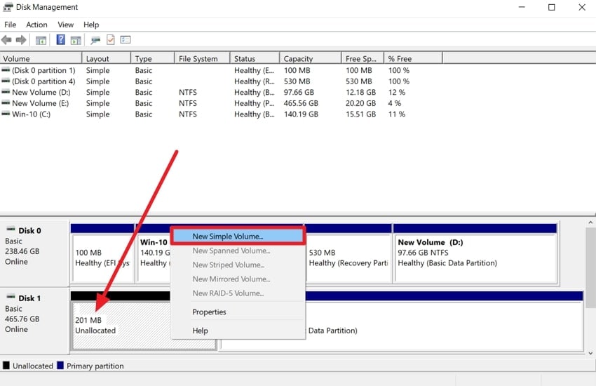 open new simple volume disk management