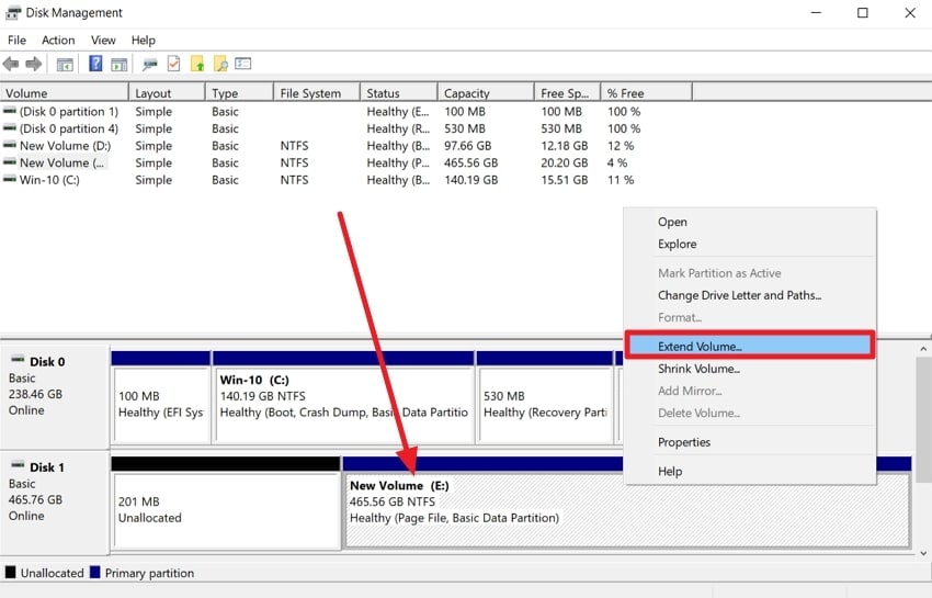 extend volume disk management