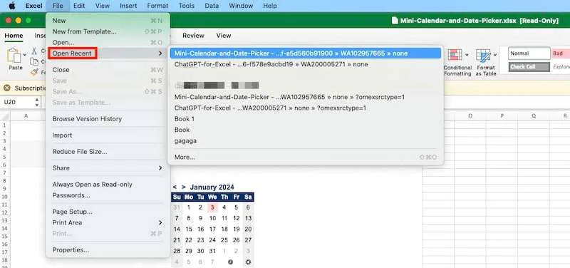 open recent feature on excel 