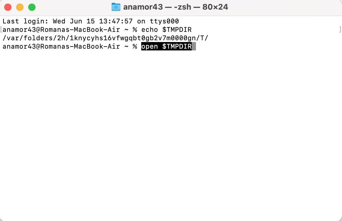open temporary folder through terminal