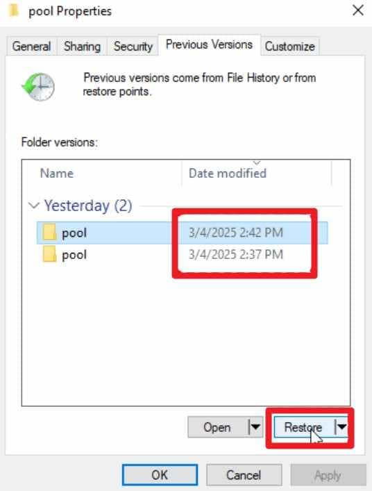 choose the restore button
