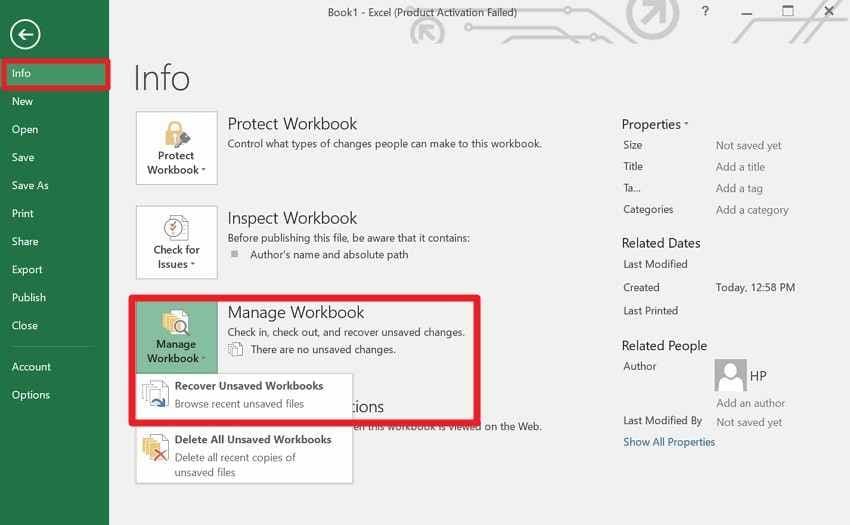 choose manage workbook option