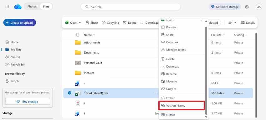 locate version history option
