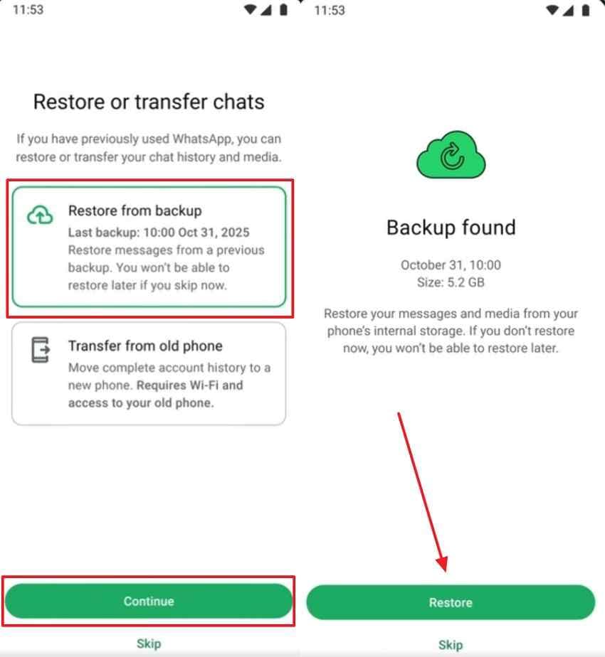 restore whatsapp from local backup