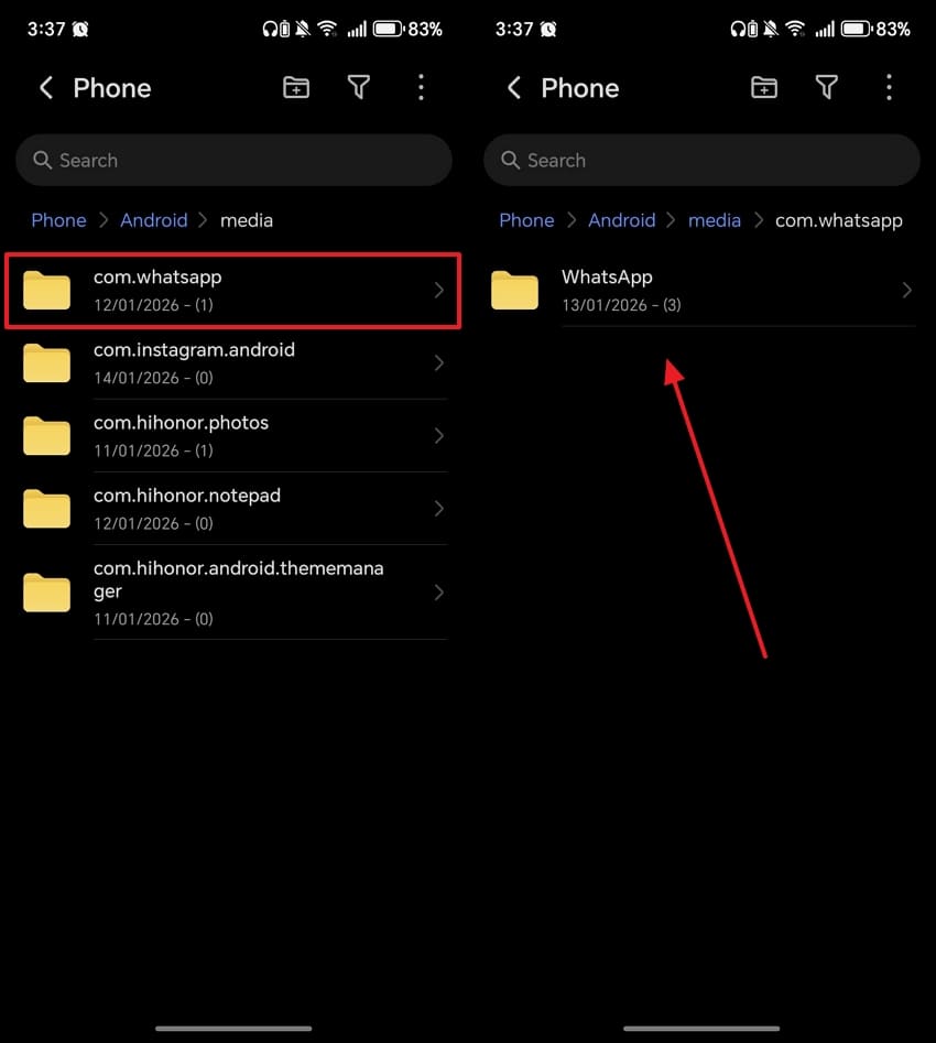 open whatsapp storage folder