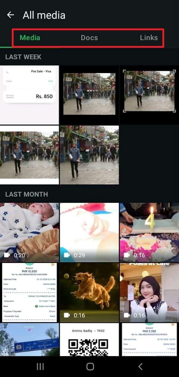 whatsapp media links and docs on android