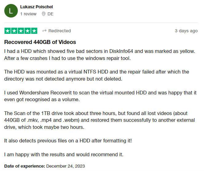 recoverit user review on trustpilot