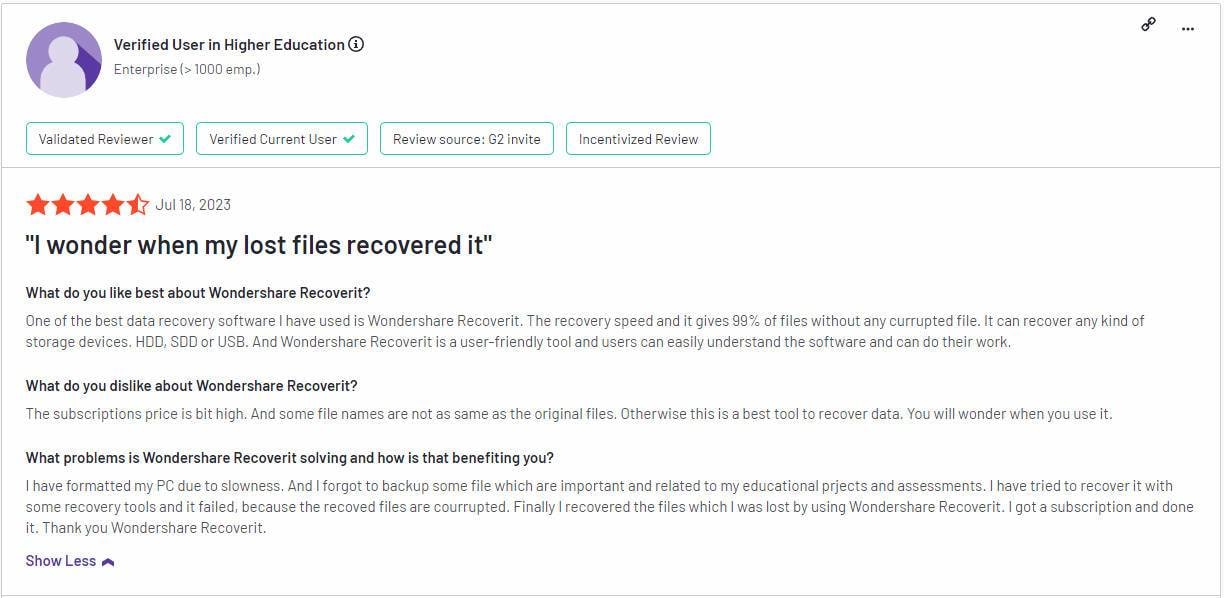 recoverit user review on g2