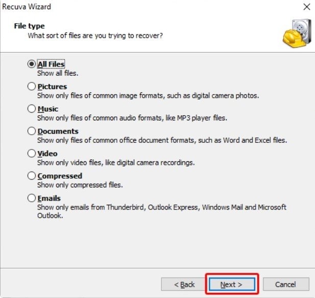 choose file types for recuva recovery