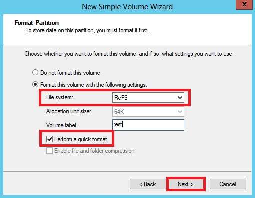 select the refs file system for the new partition 