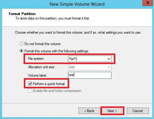 sélectionner le système de fichiers refs pour la nouvelle partition 