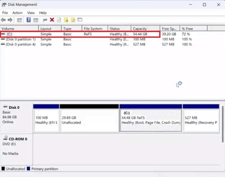 locate the problematic refs partition in disk management 