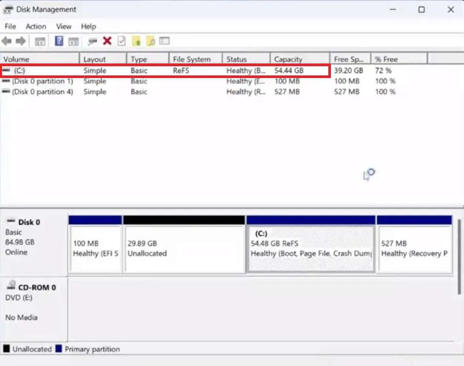 localiser la partition refs problématique dans la gestion des disques 