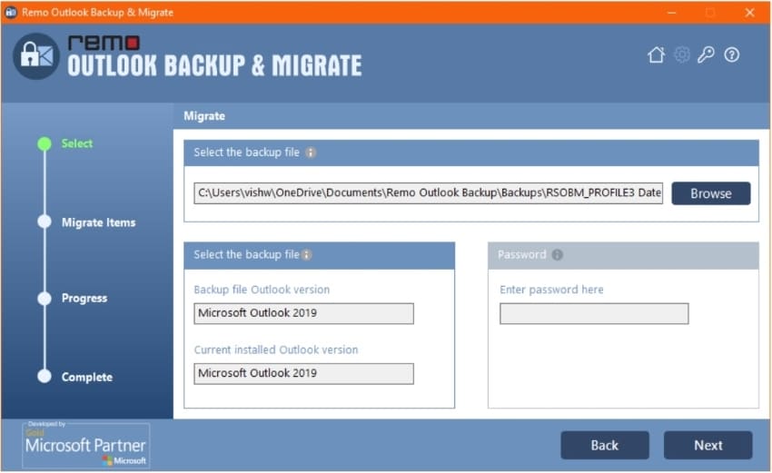 selecting backup file for data migration