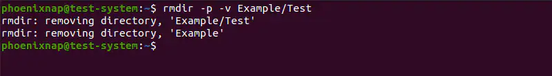 rmdir p to remove directory and subdirectories in linux