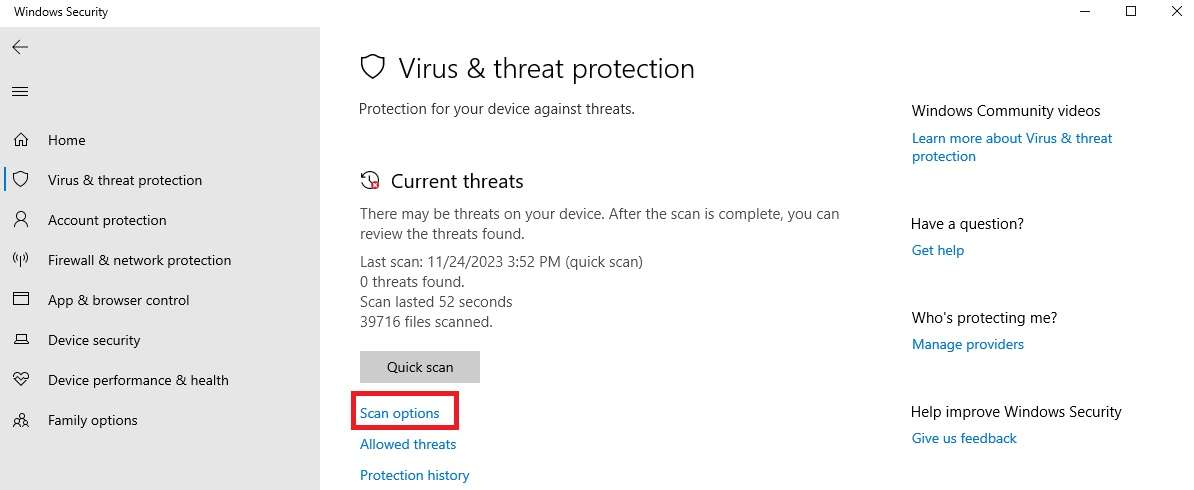 accessing scan options in windows defender 