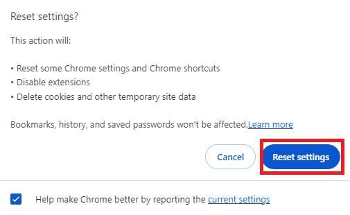 resetting settings in google chrome 