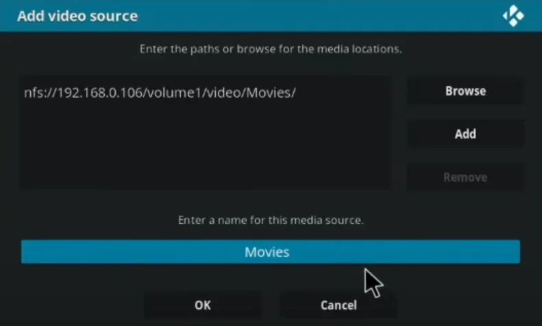 nom de la source média dans kodi synology