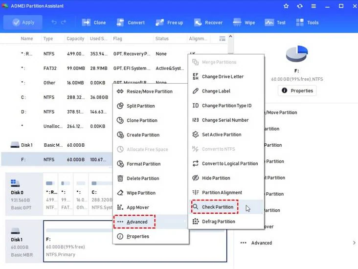 verifique o disco rígido externo no aomei