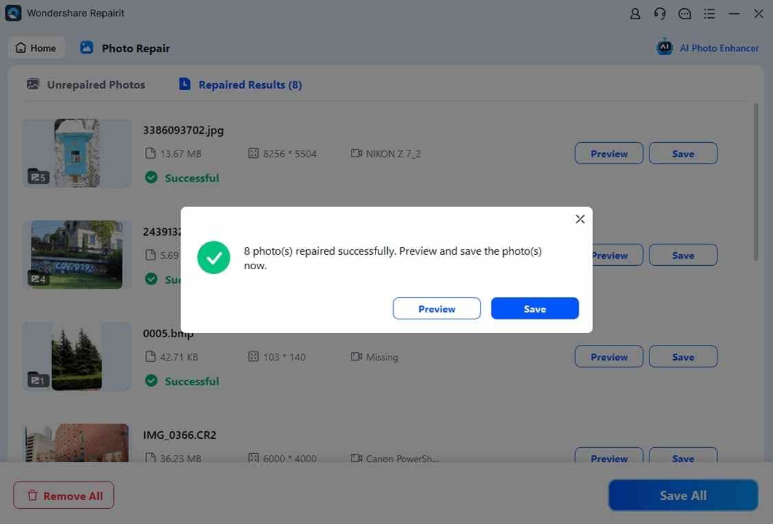 preview and save repaired photos in wondershare repairit