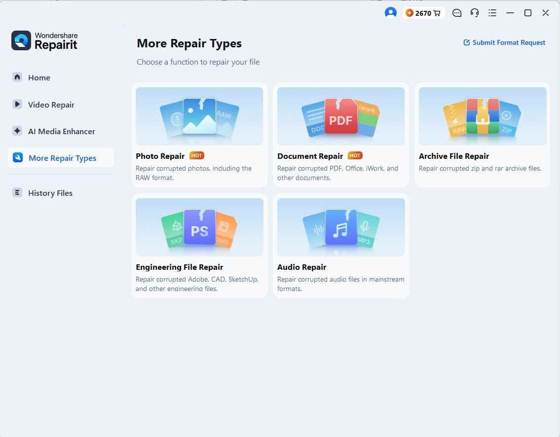 choose photo repair in wondershare repairit