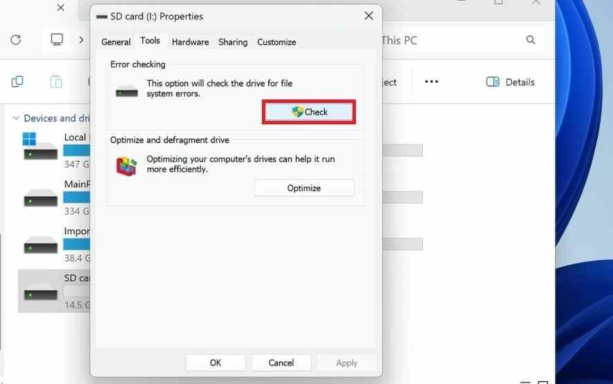check an sd card for file system errors in windows 11