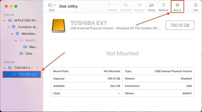 mount the external drive on mac disk utility