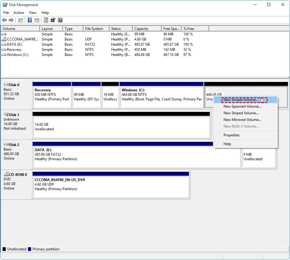 create a new partition in disk management