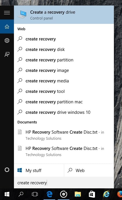 type create recovery in the search bar