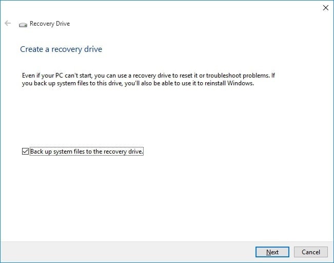 select create recovery drive windows 10