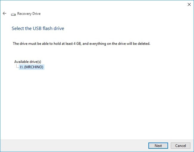 select the usb flash drive for recovery