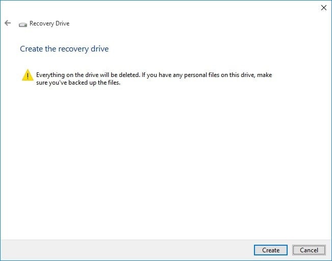 click create to create the recovery drive